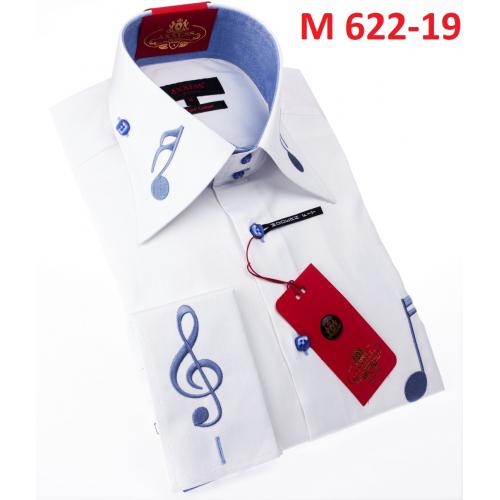 Axxess White / Powder Blue Cotton Music Design Modern Fit Dress Shirt With Button Cuff M622-19.